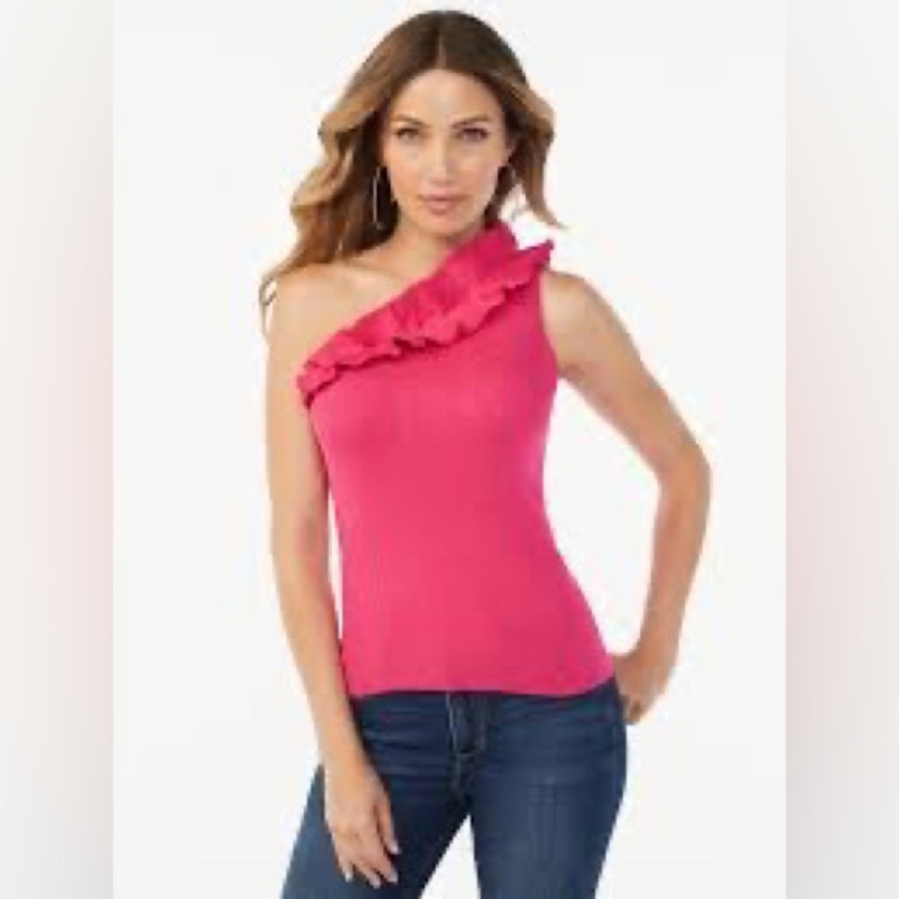 Sofia Jeans By Sofia Vergara hot pink Ruffle Knit one shoulder  Tank Top
